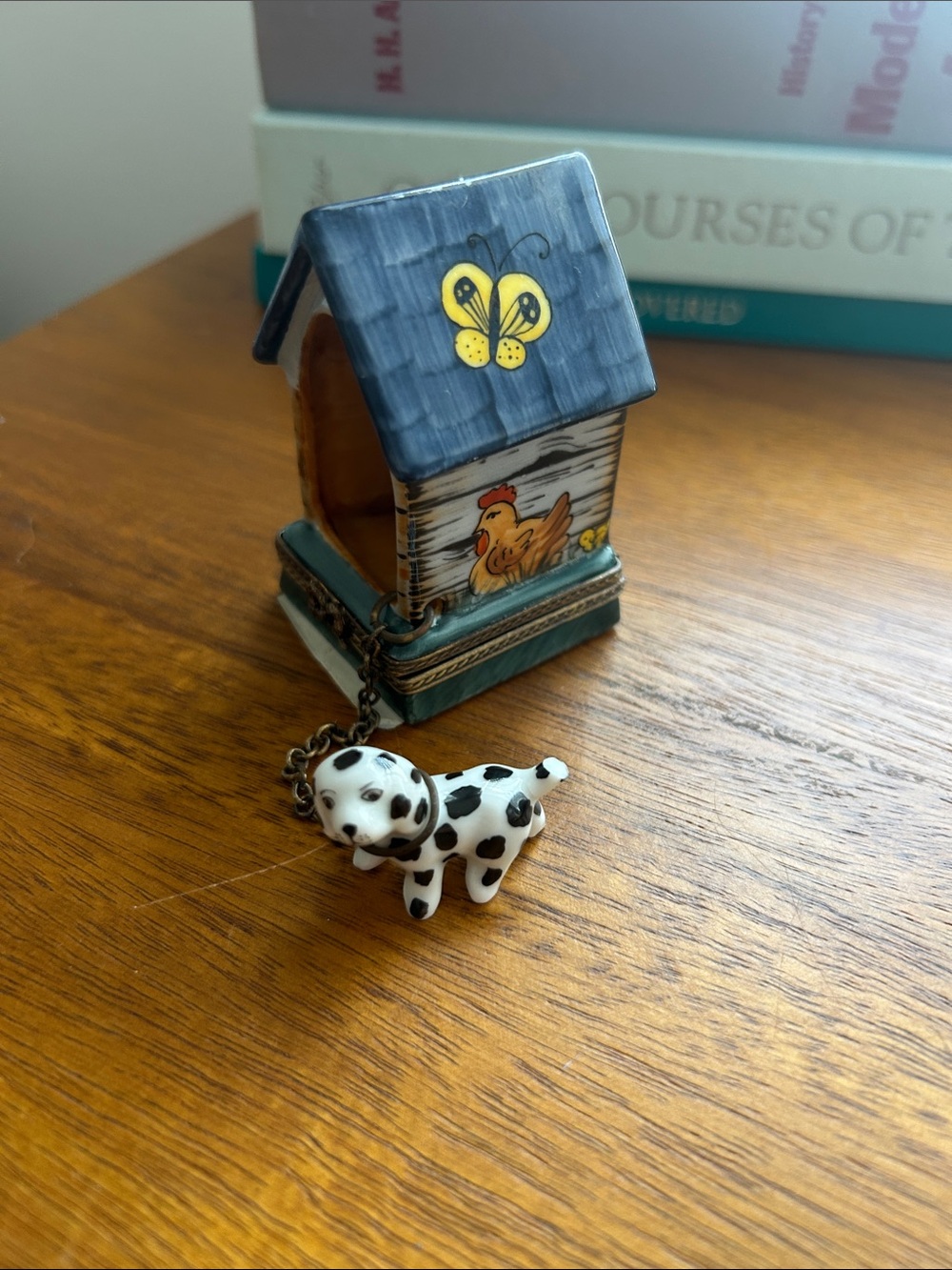 Limoge Hand-Painted Ceramic Pet House Ornament in Blue and Yellow